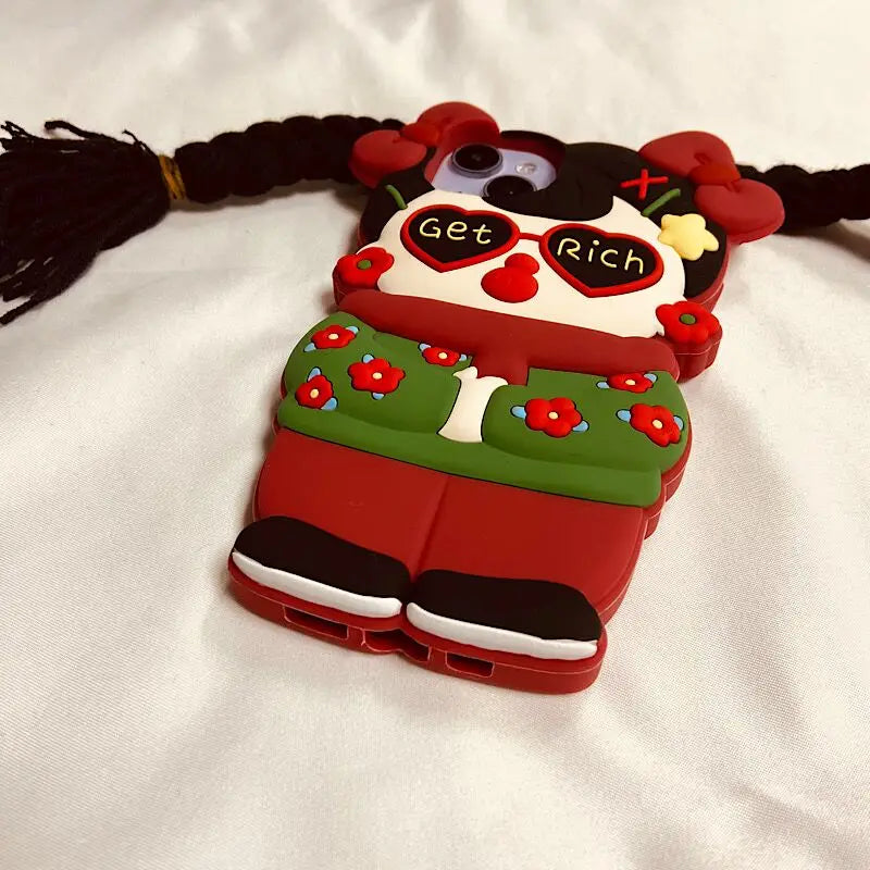 3D Cartoon Northeast Floral Cloth Long Hair Girl Suitable For iPhone 15 13 Pro Max Phone Case 14 Pro Silicone 12 11