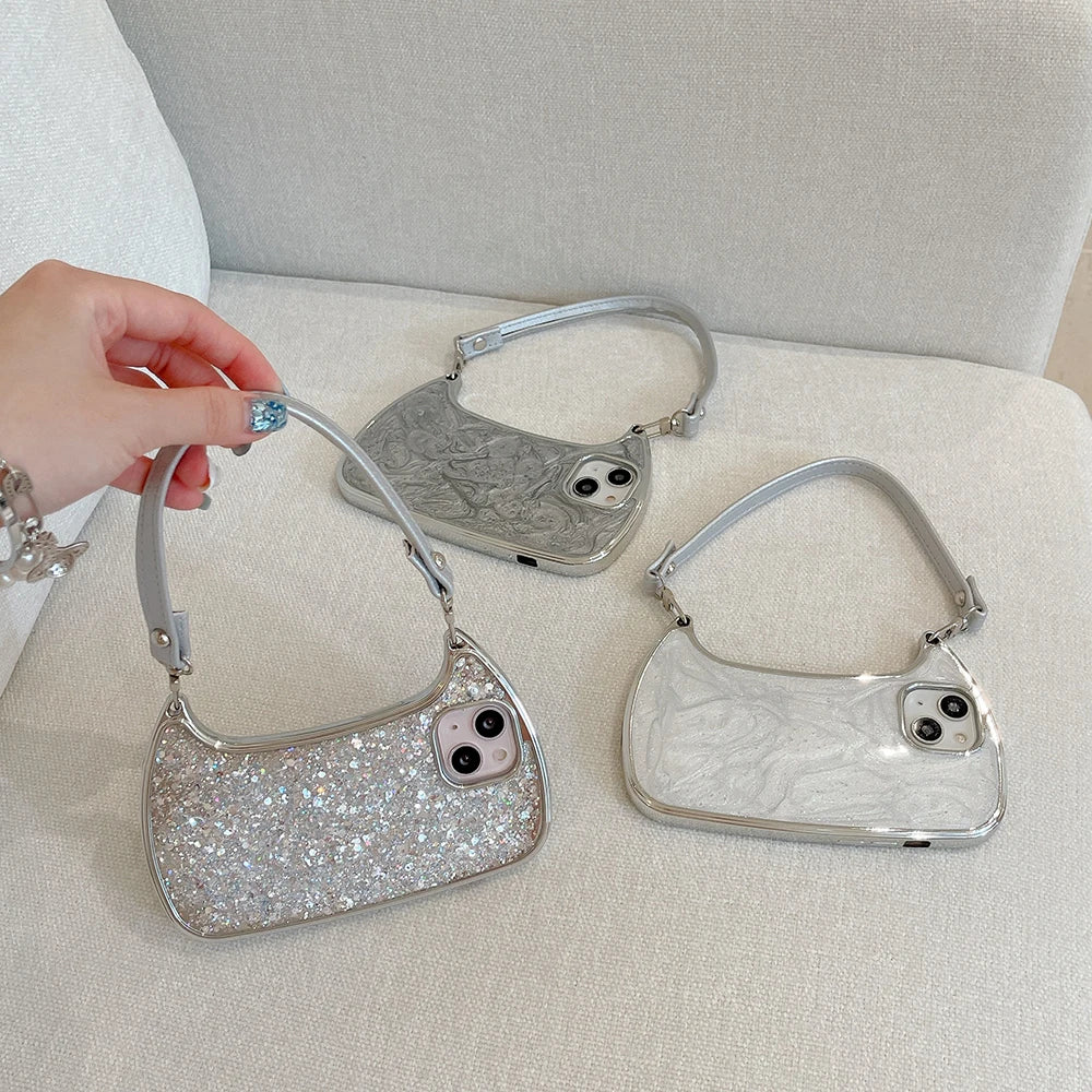 Electroplated Handbag Hand Strap Phone Case For iPhone 17 16 15 14 13 12 11 Pro Max Soft Shockproof Cover