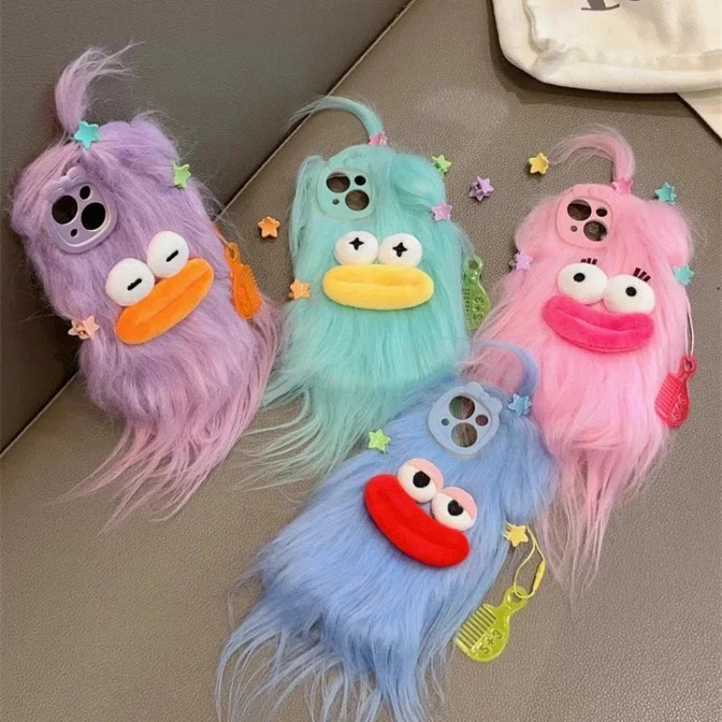 Korean Funny Fluffy Plush Monster Case For iPhone 17 Pro Max Case 16 15 14  13 12 11 Cute Girl Winter Warm Cover Fur Soft Coque