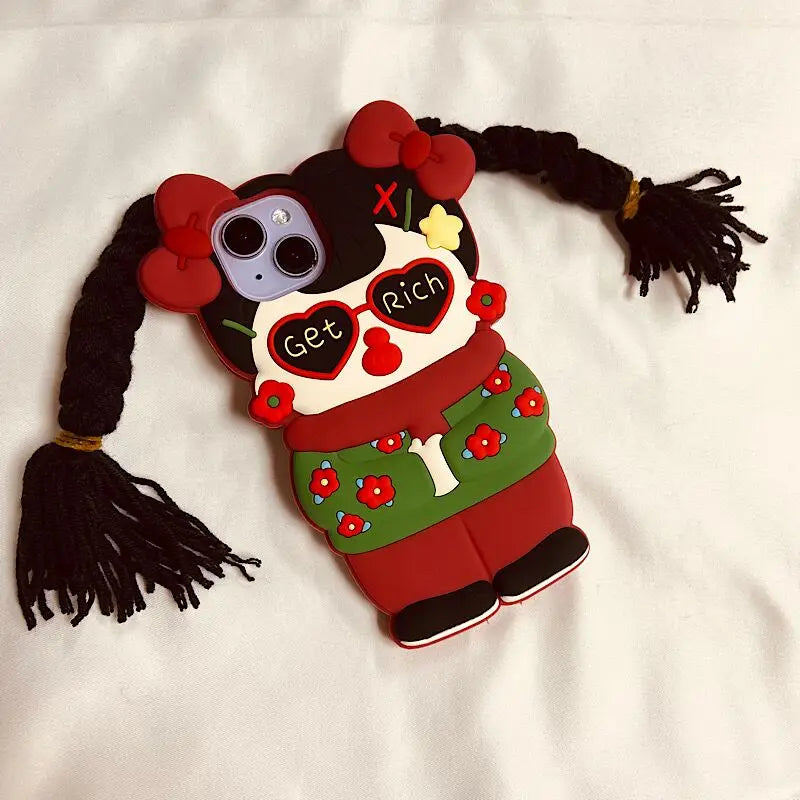 3D Cartoon Northeast Floral Cloth Long Hair Girl Suitable For iPhone 15 13 Pro Max Phone Case 14 Pro Silicone 12 11