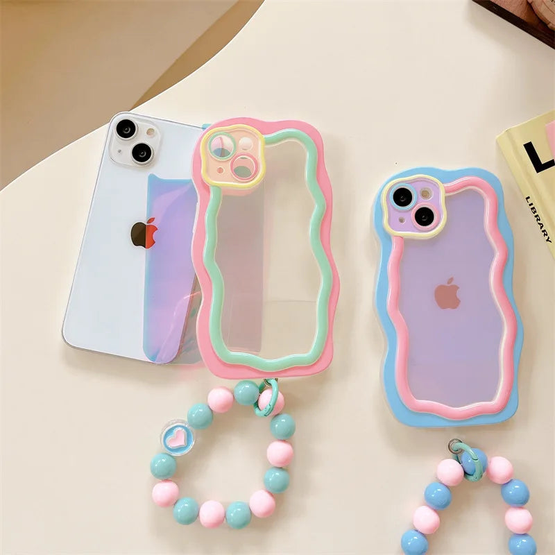 Cute Korean Candy Color Bead Bracelet Laser Gradual Change Irregular Case for iPhone 16 15 14 13 12 11 Pro Max Kawaii Cover