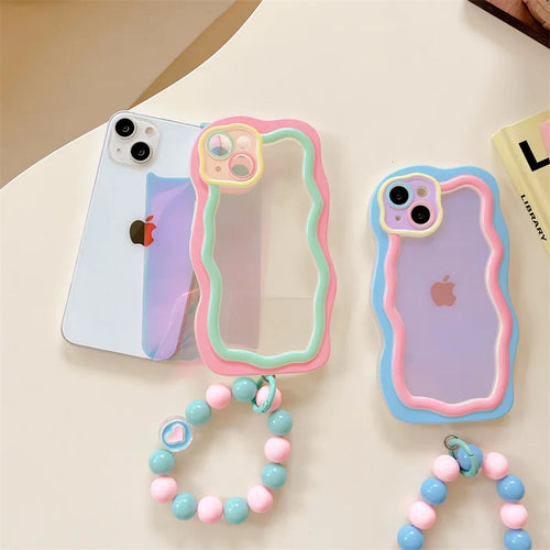 Cute Korean Candy Color Bead Bracelet Laser Gradual Change Irregular Case for iPhone 16 15 14 13 12 11 Pro Max Kawaii Cover