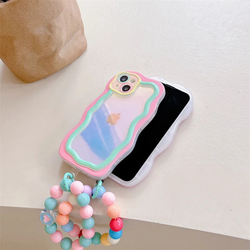 Cute Korean Candy Color Bead Bracelet Laser Gradual Change Irregular Case for iPhone 16 15 14 13 12 11 Pro Max Kawaii Cover