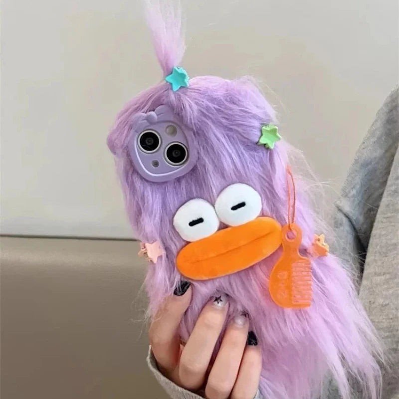 Korean Funny Fluffy Plush Monster Case For iPhone 17 Pro Max Case 16 15 14  13 12 11 Cute Girl Winter Warm Cover Fur Soft Coque