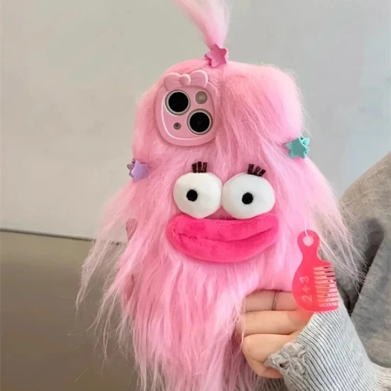 Korean Funny Fluffy Plush Monster Case For iPhone 17 Pro Max Case 16 15 14  13 12 11 Cute Girl Winter Warm Cover Fur Soft Coque