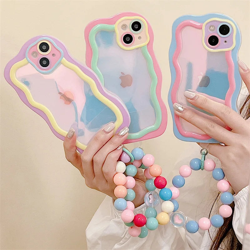 Cute Korean Candy Color Bead Bracelet Laser Gradual Change Irregular Case for iPhone 16 15 14 13 12 11 Pro Max Kawaii Cover