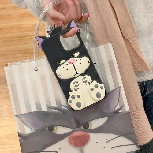 3D Lucifer Cat Cinderella Stretching Feet Cover For iPhone 11 12 13 14 15 16 Pro Max Cute Cartoon Bracket Case